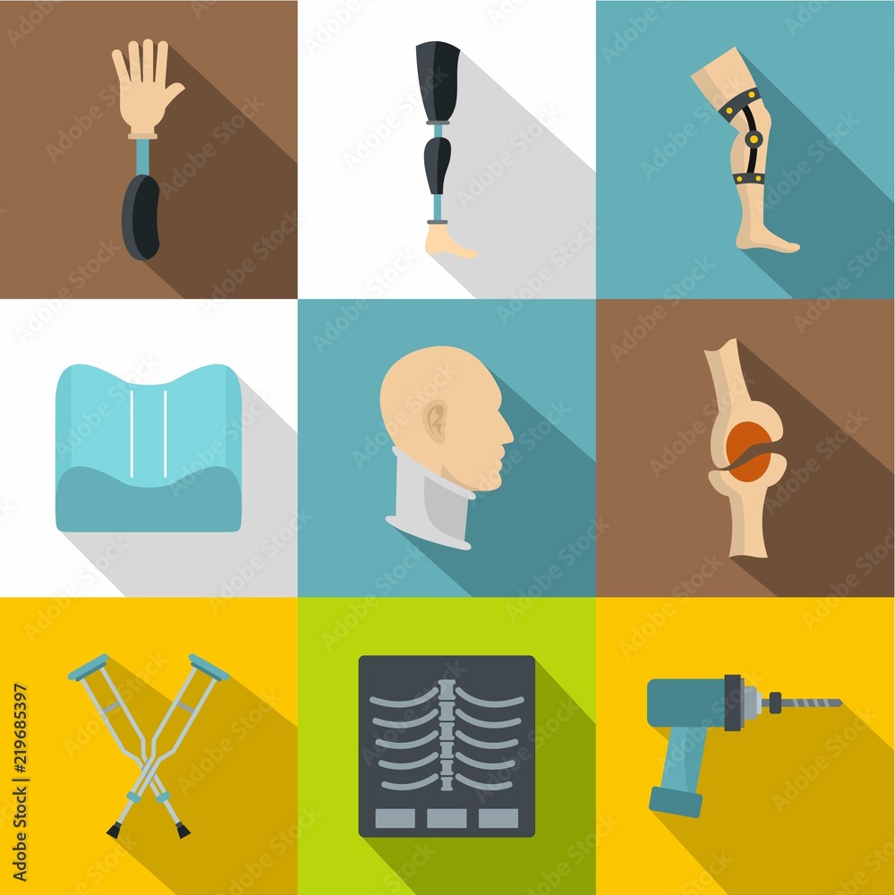 Orthopedics prosthetics icon set. Flat style set of 9 orthopedics prosthetics vector icons for web design Orthopedics prosthetics icon set. Flat style set of 9 orthopedics prosthetics vector icons for web design