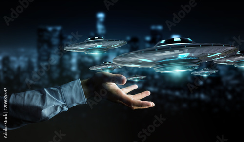 Fototapeta Naklejka Na Ścianę i Meble -  Businessman with retro UFO spaceship 3D rendering