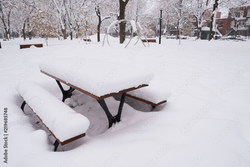 custom made wallpaper toronto digitalFirst snow has fallen on everything during the night.  A picnic table is covered of snow in a public park.