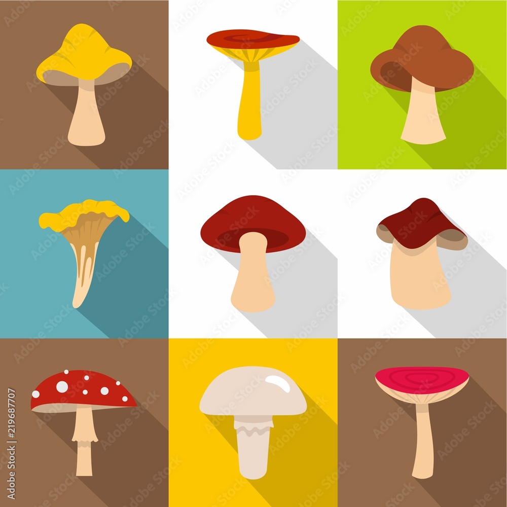 Fresh mushroom icon set. Flat style set of 9 fresh mushroom vector icons for web design