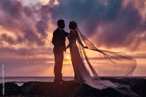 Wedding couple holds each o...
