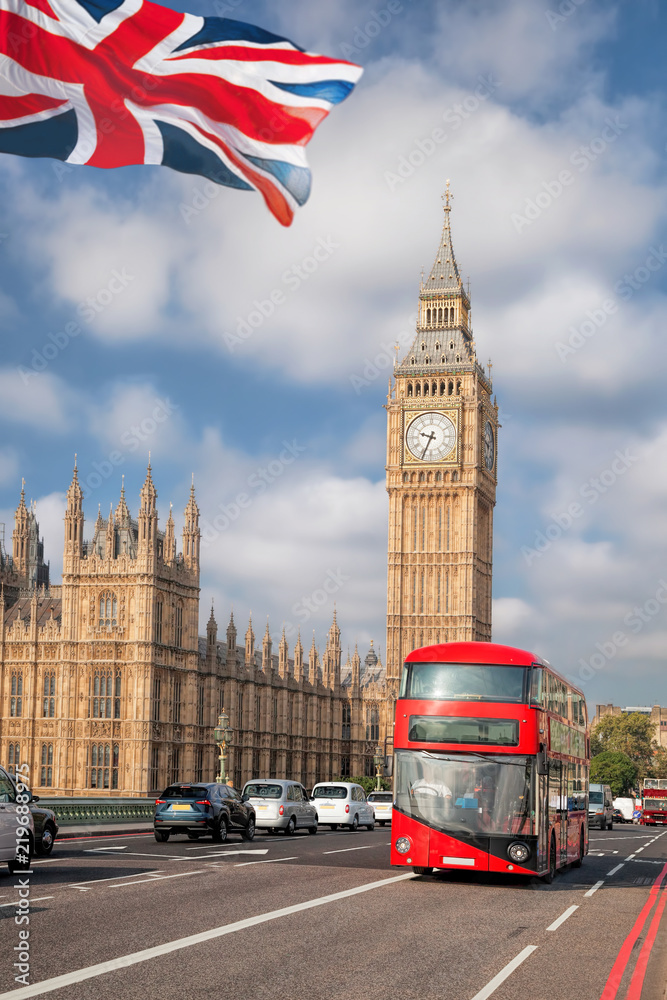 Big Ben with red bus in London, England, UK