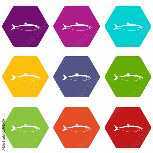 Fish icon set many color hexahedron isolated on white vector illustration