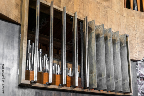 Deatil of the majestic organ in the rock church of Temppeliaukio in Helsinki - 1