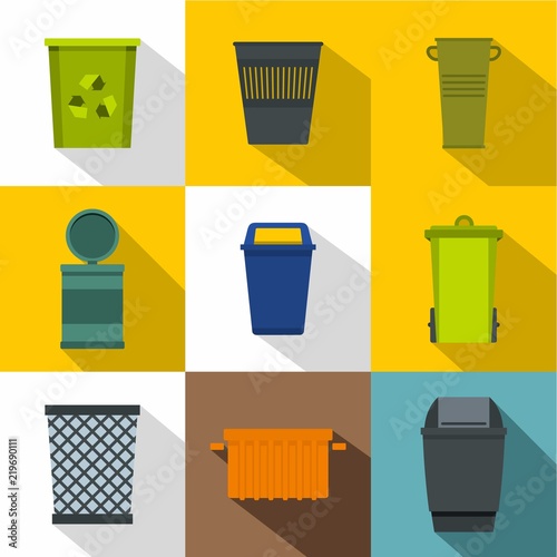Trash can icon set. Flat style set of 9 trash can vector icons for web design
