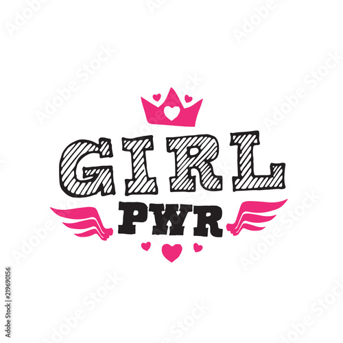 Girl Power - t-shirt print. Vector illustration. Label with lettering, crown, wings and hearts.
