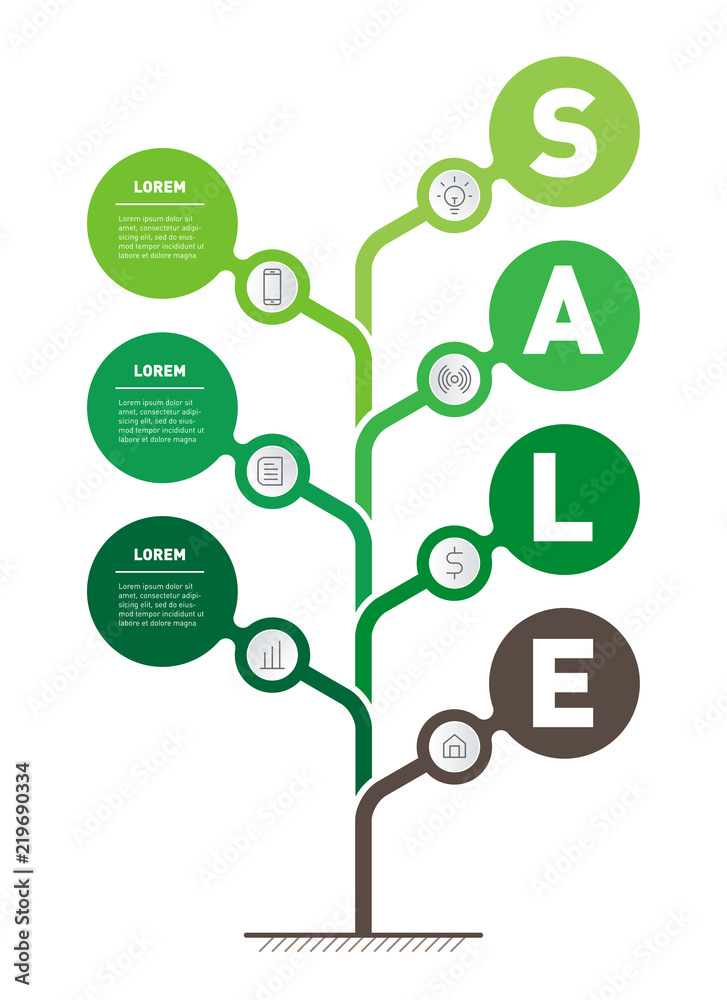 Horticultural or garden sale. Information index design template. Green tree. Vertical infographic, timeline or presentation.