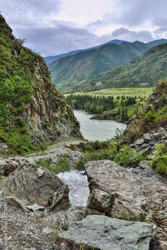 Mountain creek under cliffs flowing into the Katun River in Altai mountains, Russia