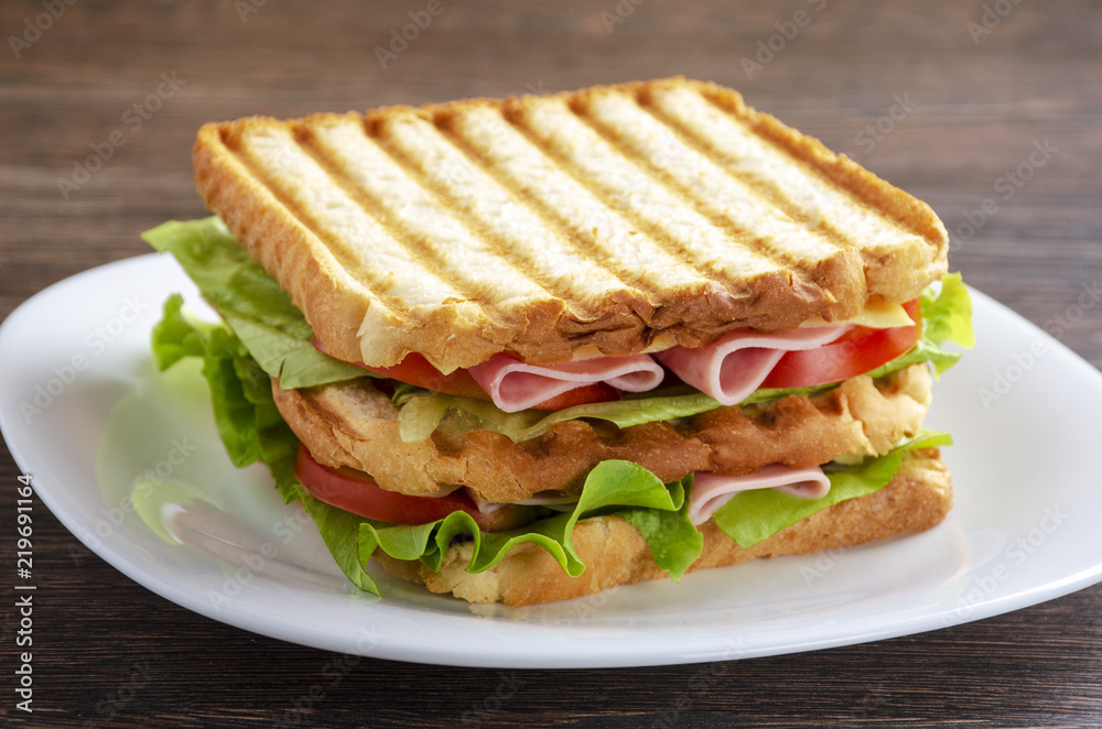 Close up of fresh sandwich with ham, bacon,tomatoes on white plate Close up of fresh sandwich with ham, bacon,tomatoes on white plate