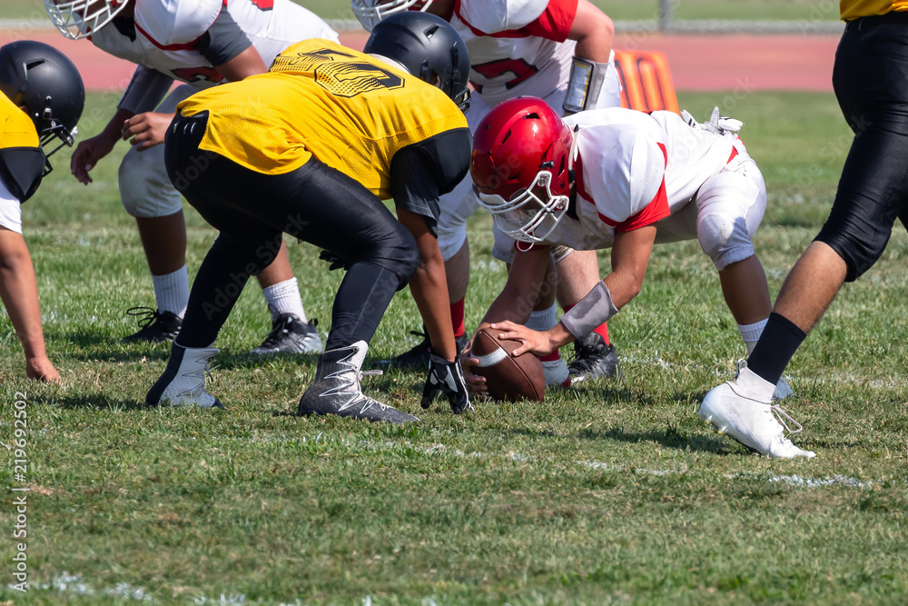 Football Players setting up for the play – Hike the ball 