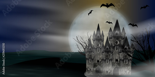 Halloween background with castle, bats and full moon. Vector