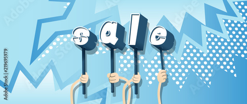 Diverse hands holding letters of the alphabet created the word Sale. Vector illustration.