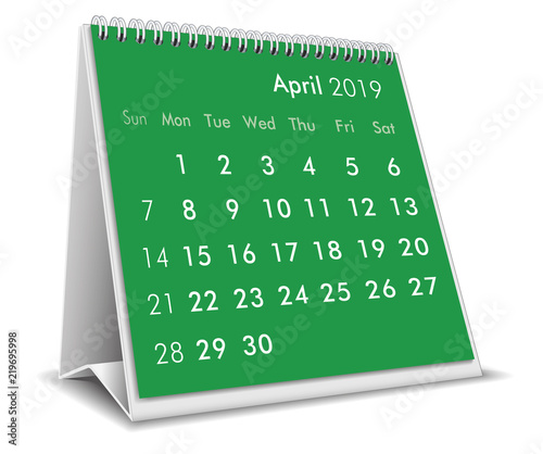 April 2019 3D desktop calendar in white background