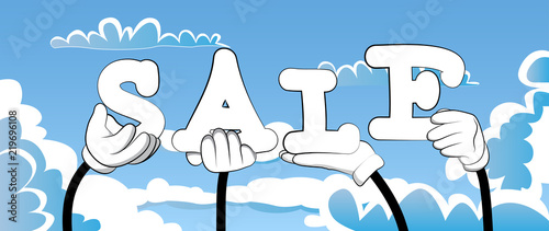 Diverse hands holding letters of the alphabet created the word Sale. Vector illustration.