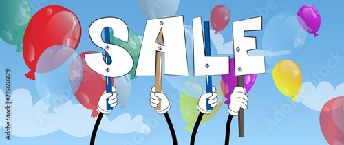 Diverse hands holding letters of the alphabet created the word Sale. Vector illustration.