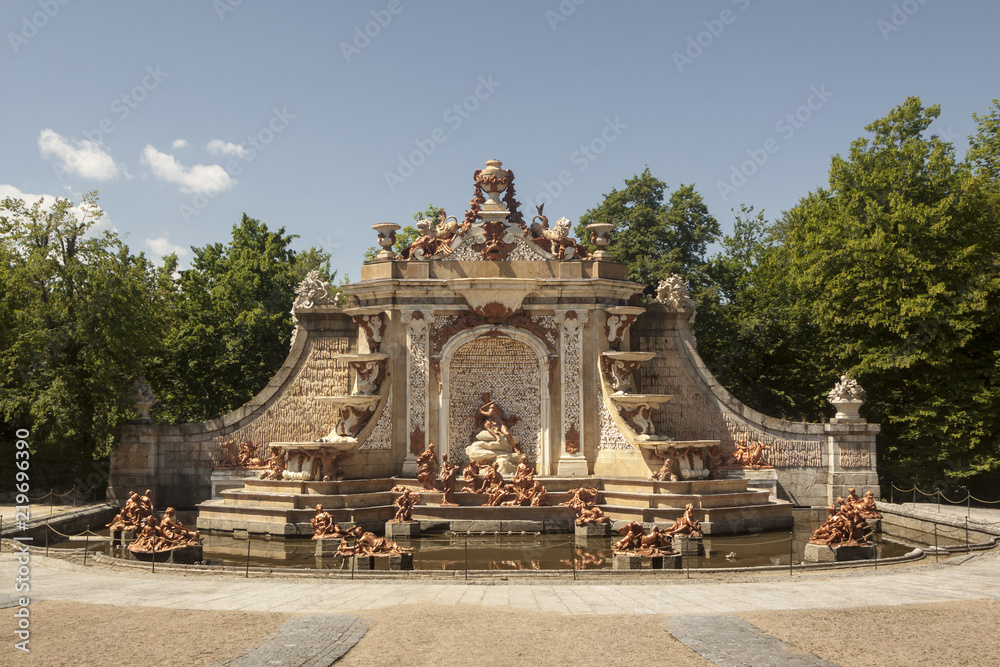 Palace of La Granja de San Ildefonso, Segovia. Spain. Gardens and fountains with light at dawn