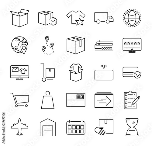Order fulfillment vector illustration icon collection set. Outlined pictorgrams about online shopping, delivery service, goods packaging and purchase from storehouse.
