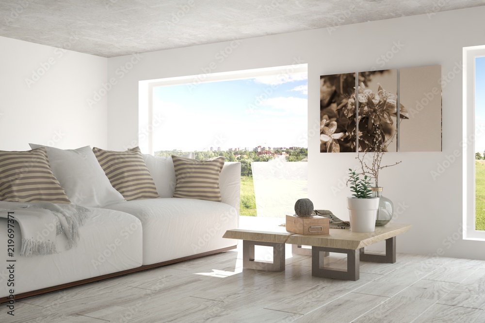 Fototapeta premium Idea of white minimalist room with sofa. Scandinavian interior design. 3D illustration