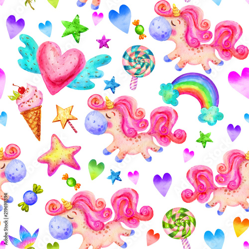 Colorful Seamless pattern with unicorns,lollipops,stars, flowers, rainbow, hearts in cartoon childish style. Watercolor background Magic background with little unicorns.