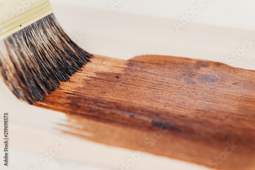 Applying protective varnish on a wooden surface dyi photo