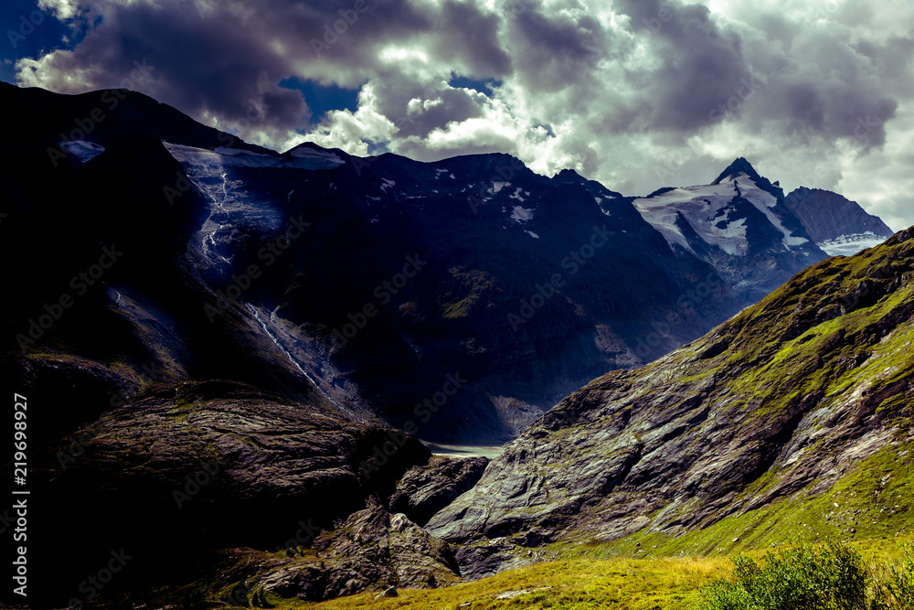Sunset and dramatic sky in the Valley with Mount Grossglockner