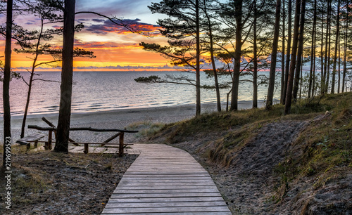 Wooden footpath leading to a shore of the Baltic Sea  Jurmala  Latvia