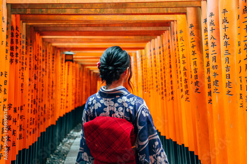 path across red toriis in fushimi inari,  japan photo