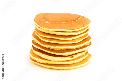 Pancakes stack isolated on white background closeup