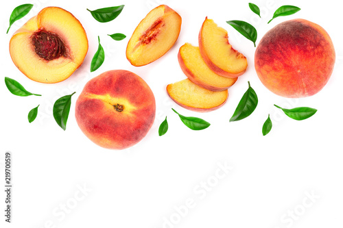Fotótapéta ripe peaches with leaves isolated on white background with copy space for your text