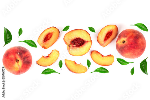 ripe peaches with leaves isolated on white background with copy space for your text. Top view. Flat lay pattern