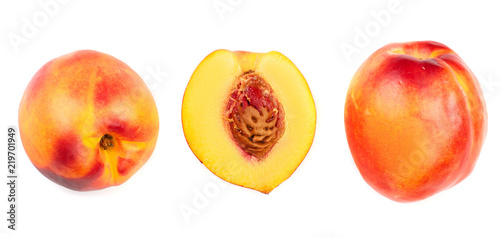 ripe nectarine isolated on white background. Top view. Flat lay pattern