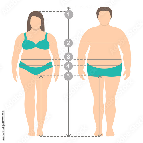 Illustration of overweight man and women in full length with measurement lines of body parameters . Man and women clothes plus size measurements. Human body measurements and proportions.