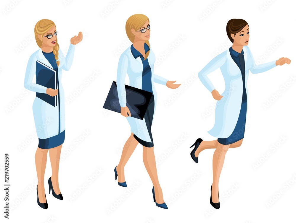 Isometry of a woman medical workers, a doctor, a surgeon, a nurse, beautiful in medical gowns an excellent set for illustrations