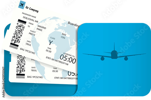 Vector illustration of two airline tickets or boarding pass inside of blue envelope.