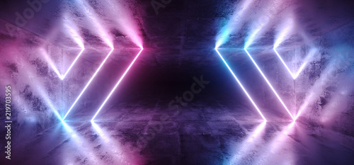 Sci-Fi Futuristic Abstract Gradient Blue Purple Pink Neon Glowing Tubes On Reflection Concrete Floor Dark Interior Room Empty Space Spaceship 3D Rendering © IM_VISUALS