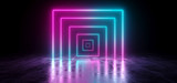 Sci-Fi Futuristic Abstract Gradient Blue Purple Pink Neon Glowing Rectangle Cube Square Shape Tubes On Reflection Concrete Floor Dark Interior Room Empty Space Spaceship 3D Rendering