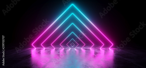Sci-Fi Futuristic Abstract Gradient Blue Purple Pink Neon Glowing Triangle Tubes On Reflection Concrete Floor Dark Interior Room Empty Space Spaceship 3D Rendering