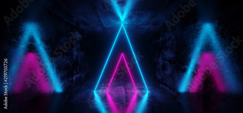 Sci-Fi Futuristic Abstract Gradient Blue Purple Pink Neon Glowing Triangle Shaped Tubes On Reflection Grunge Concrete Room Walls Dark Interior Empty Space Spaceship 3D Rendering © IM_VISUALS