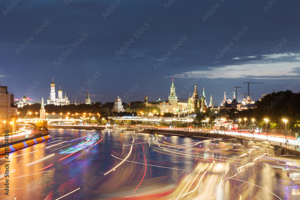 Moscow Kremlin, Kremlin Embankment and Moscow River at night in Moscow, Russia. Architecture and landmark of Moscow