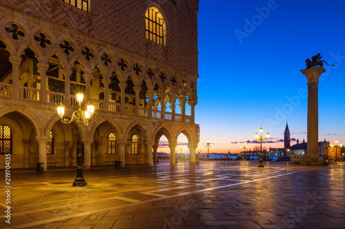 Scenic view of Piazza San Marco in Venice at sunrise, Italy. Piazza San Marco at sunrise, Vinice, Italy. Venice sunrise, famous San Marco square at sunrise in Venice, Italy.