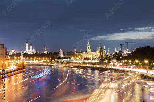 Moscow Kremlin, Kremlin Embankment and Moscow River at night in Moscow, Russia. Architecture and landmark of Moscow