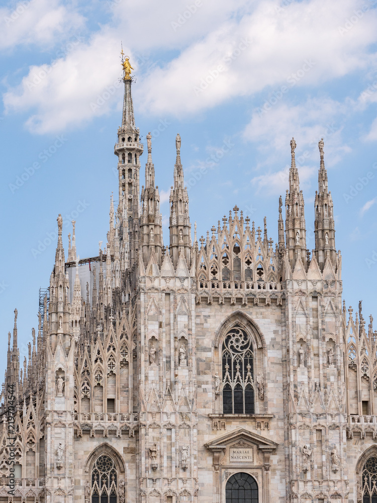 Milan, Italy - June 2018 : Famous Milan Cathedral (Duomo di Milano), view of the architecture detail