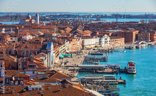 View of the dome of San Giorgio Maggiore church and Giudecca Canal in Venice, Italy. Amazing aerial view on the beautiful Venice, Italy. Venice from above, Venice landmark with old buildings.