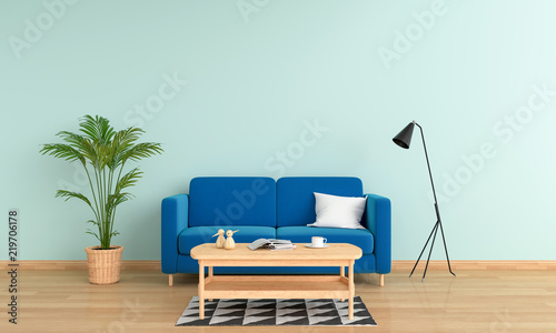 blue sofa and lamp in living room interior, 3D rendering