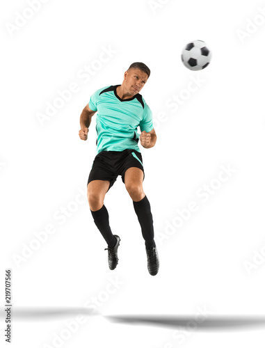 football player hitting the ball with head isolated on white