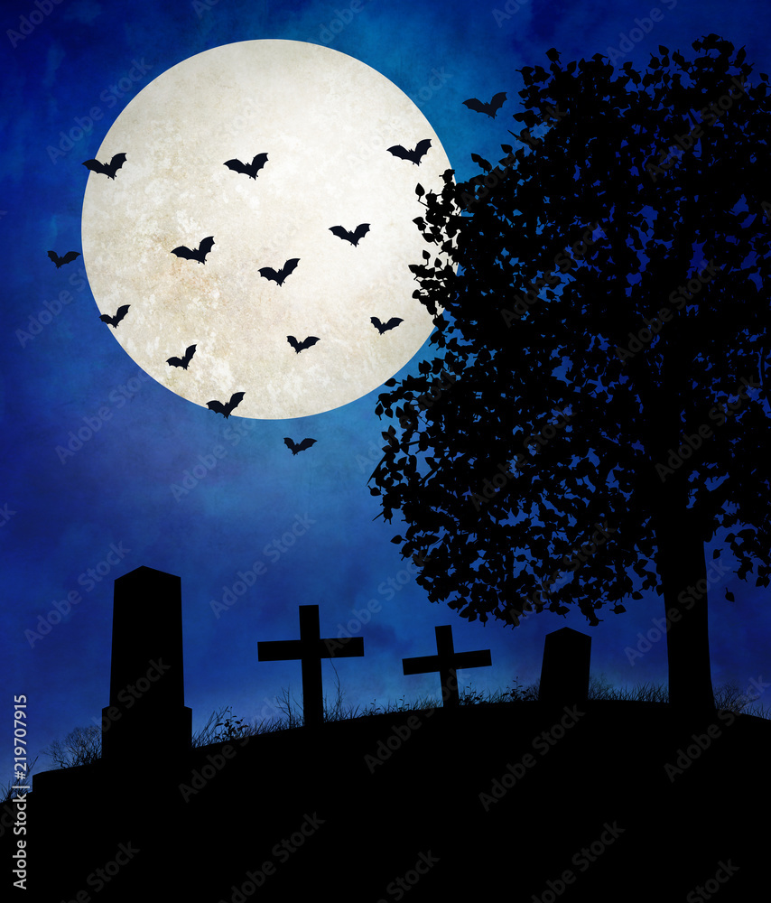 Halloween night, a deserted and abandon cemetery with gravestones and crosses. The moon is shining and the bats are out chasing insects.