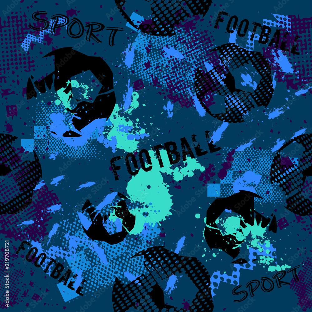 Obraz premium Abstract seamless football pattern for boys. Sport football pattern. Grunge sport urban backdrop with football ball. Sport wallpaper on black background with multicolor spots. Repeated pattern.