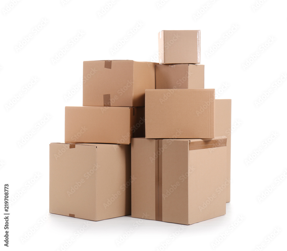 Cardboard boxes on white background. Moving day Cardboard boxes on white background. Moving day