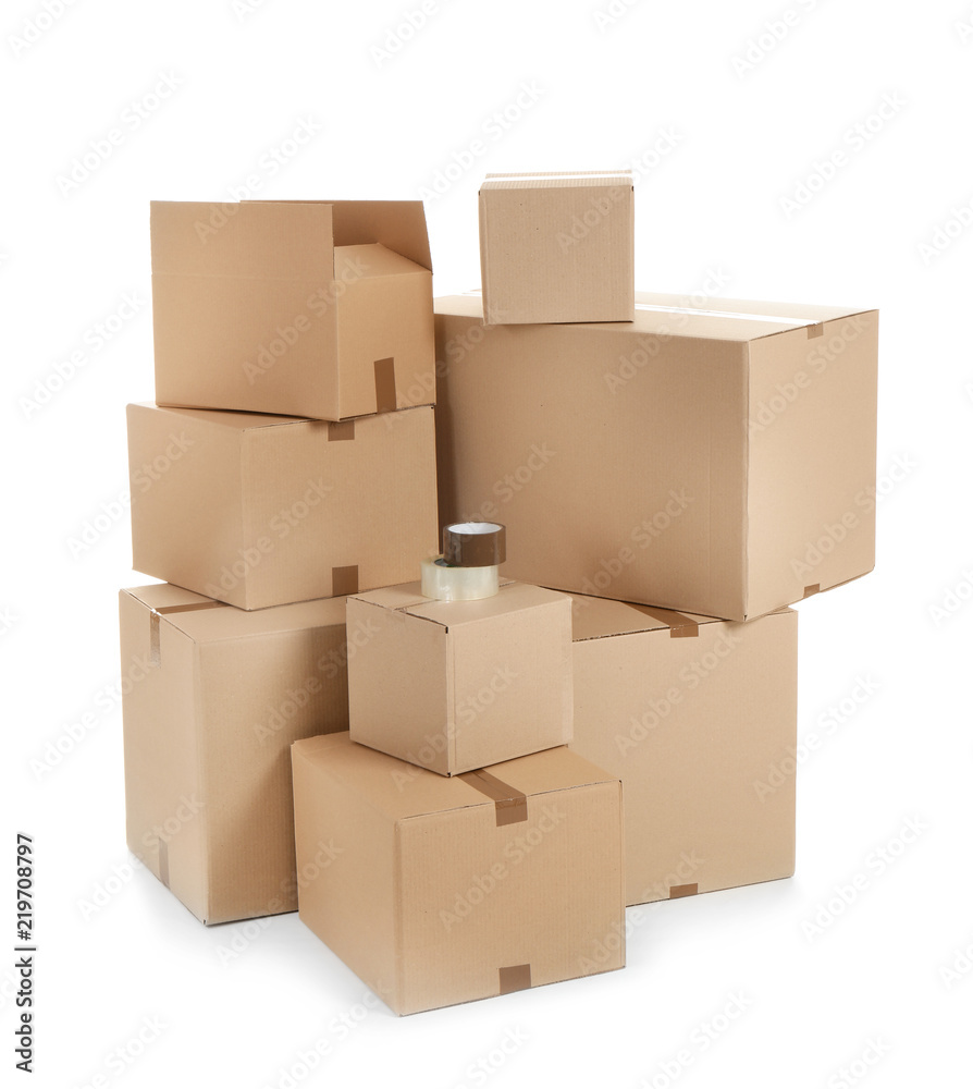 Cardboard boxes on white background. Moving day
