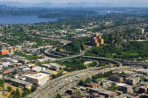 Принти на полотні Aerial view of the Interstate 5 expressway in Seattle, the International District, Atlantic, North Beacon Hill, Mt Baker and Lake Washington, USA